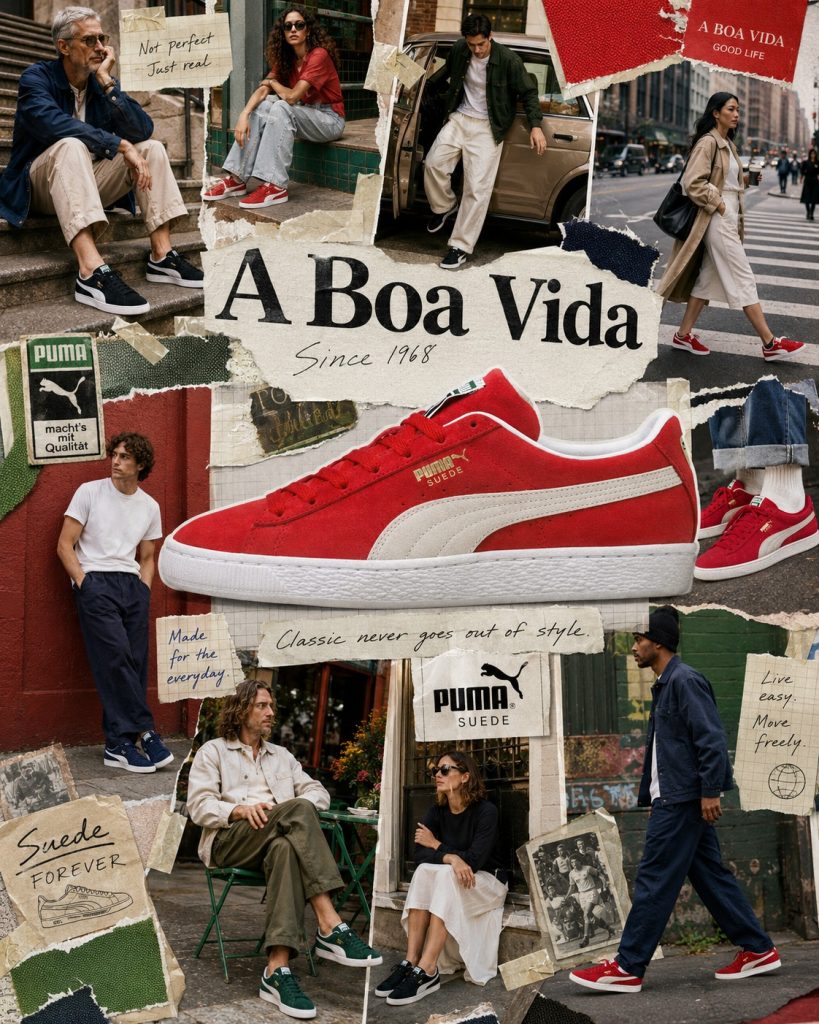Colagem editorial com ténis PUMA Suede clássicos, com destaque para o modelo vermelho e outras cores como azul, verde e preto, usados em looks urbanos.