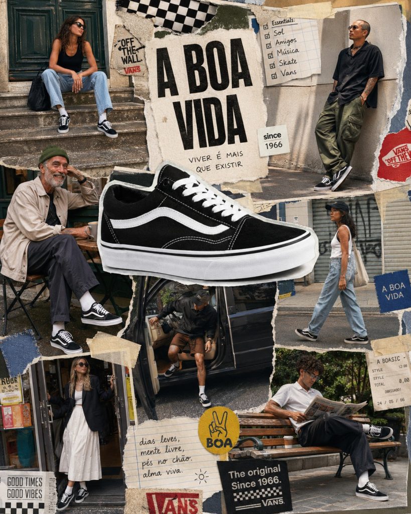 Colagem editorial com ténis Vans Old Skool pretos com risca branca, usados em looks casuais e streetwear por pessoas de várias idades.