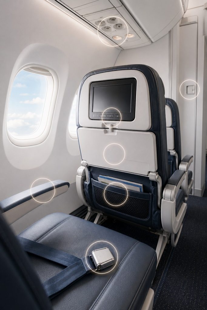 Interior luminoso de um avião em formato vertical, com várias superfícies de contacto frequente assinaladas, incluindo mesa rebatível, apoio de braços, ecrã, bolso do banco e cinto de segurança.