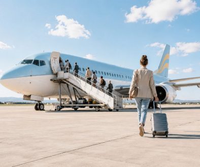 Passageira a caminhar com uma mala de rodas em direção a um avião comercial azul-claro e branco, com passageiros a embarcar pelas escadas.