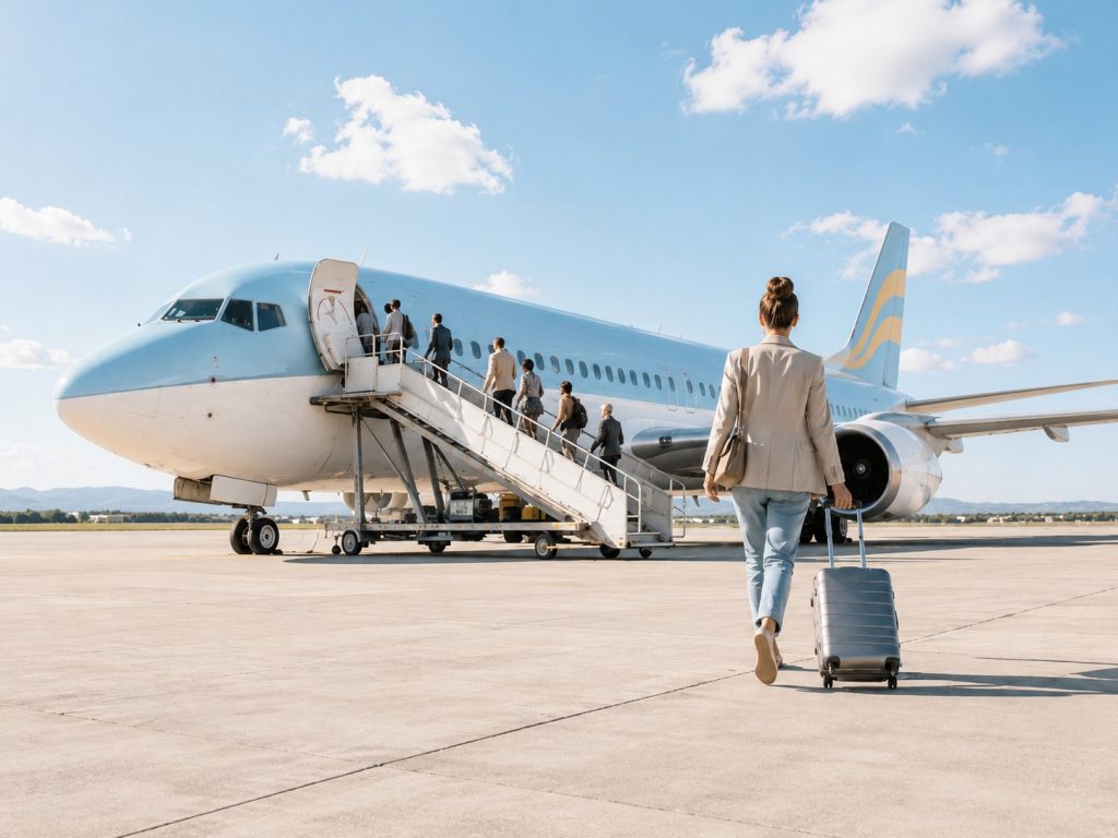 Passageira a caminhar com uma mala de rodas em direção a um avião comercial azul-claro e branco, com passageiros a embarcar pelas escadas.
